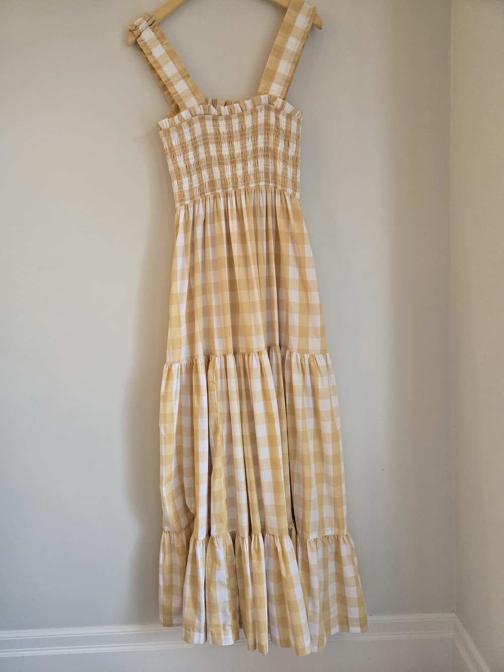 Abercrombie&Fitch 100% Cotton Gingham Smocked Tiered Maxi Dress Butter Yellow LT - Picture 7 of 16